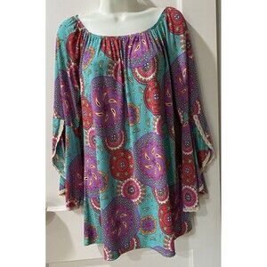 Boho Babydoll HoneyMe M Woman’s Top Gabby Tunic Paisley Silky 3/4 Sleeve Ruffle